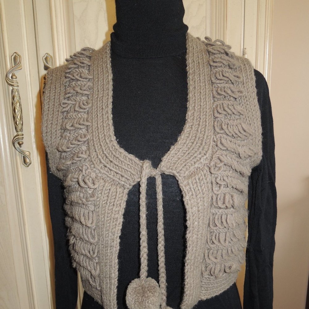FCUK Olive Cropped Knit Vest Pompom Tie Size S